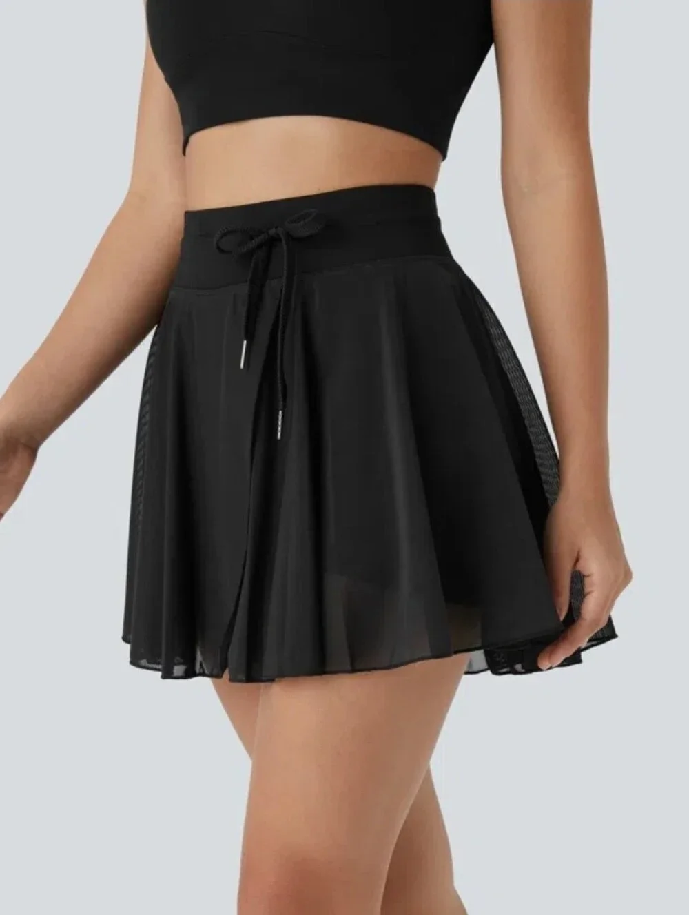 High Waisted Drawstring Contrast Mesh 2-in-1 Pocket Flowy Mini Flare Casual Skir